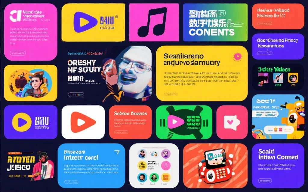 多样化的数字娱乐内容展示,包括音乐、视频、社交活动和互动社区,色彩丰富,布局有序