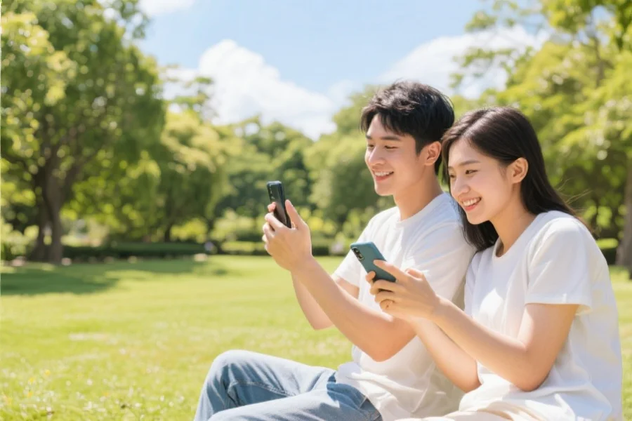 用户在户外公园使用智能手机体验益达娱乐移动端，阳光明媚，氛围轻松