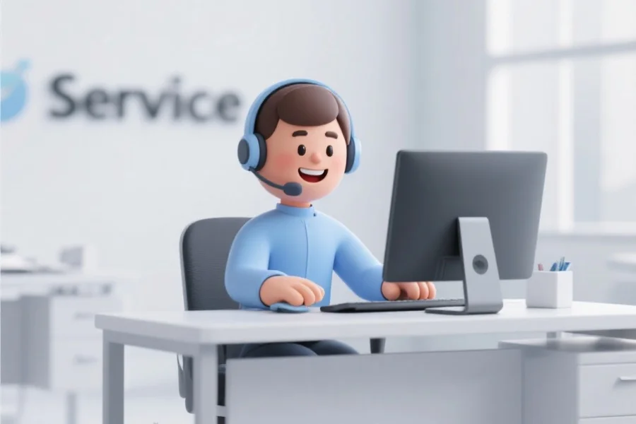 一个友好的虚拟客服形象，微笑着坐在办公桌前，通过电脑为用户在线解答问题，背景为简洁的服务中心