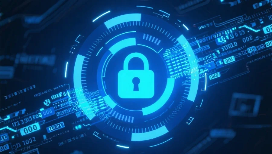 抽象展示网络安全的数据加密与保护，蓝色色调，带有锁和数据流动的视觉元素