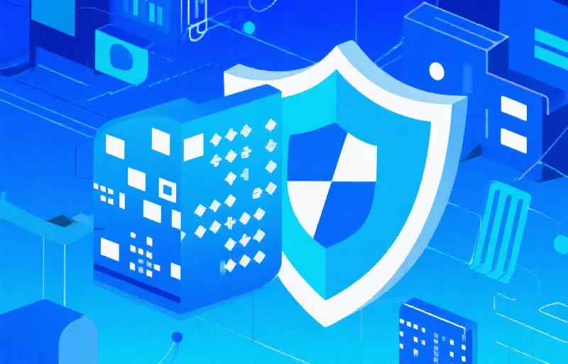 抽象风格的信息安全概念插画，蓝色调，展现数据加密和盾牌保护符号