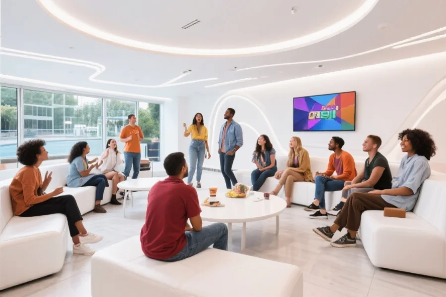 多元化人群在明亮现代的娱乐空间中互动，展现和谐与包容